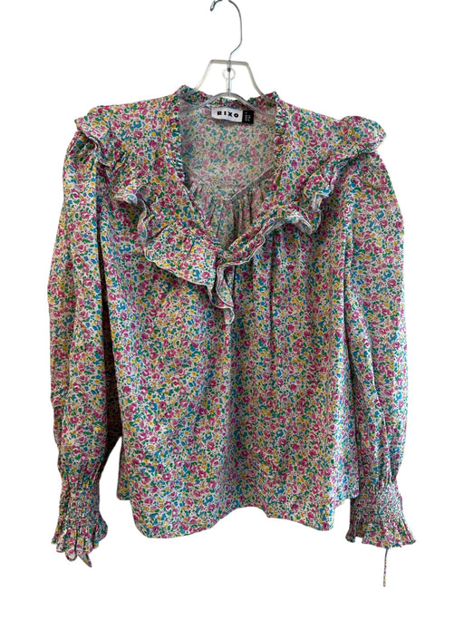 Rixo Size M Pink Green & Blue Cotton Long Sleeve V Neck Ruffle Detail Top Pink Green & Blue / M