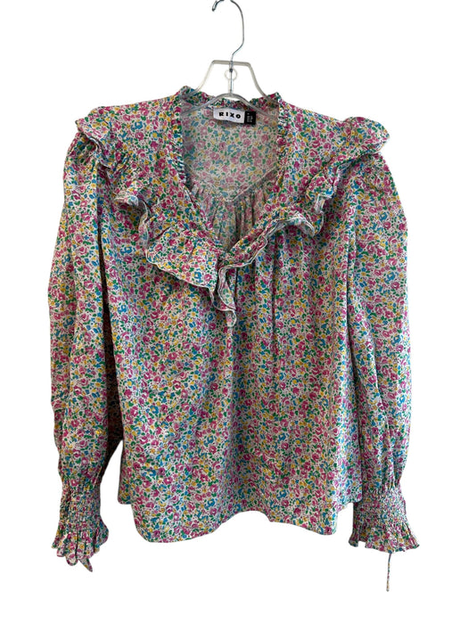 Rixo Size M Pink Green & Blue Cotton Long Sleeve V Neck Ruffle Detail Top Pink Green & Blue / M