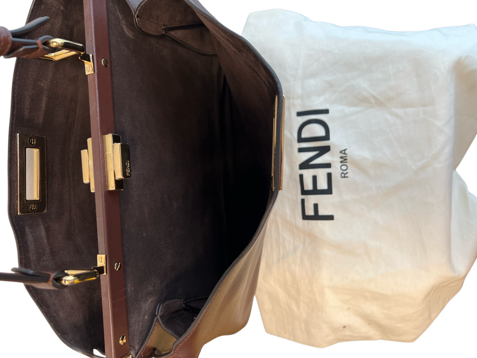 Fendi Brown Leather Top Strap Adjustable Gold Hardware Twist Lock Bag Brown