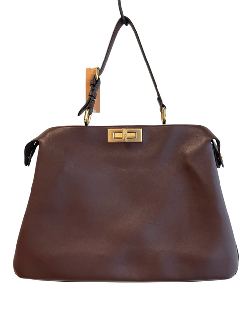 Fendi Brown Leather Top Strap Adjustable Gold Hardware Twist Lock Bag Brown