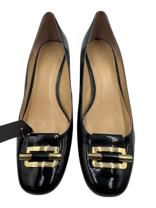 Michael Kors Shoe Size 9.5 M Black Patent Leather Gold Detail Block Heel Shoes Black / 9.5 M