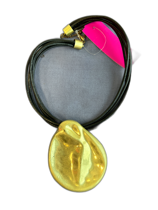 No Brand Black & Gold Metal & Leather Lobster Clasp Pendant Abstract Necklace Black & Gold