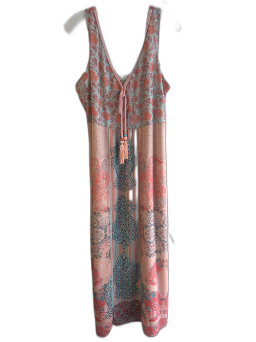 Soft Surroundings Size Large Orange & Blue Polyester V Neck Sleeveless Dress Orange & Blue / Large