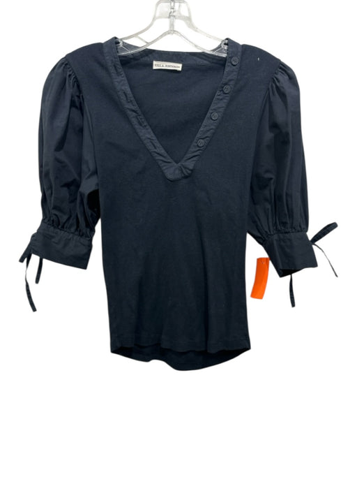 Ulla Johnson Size S Black Cotton Short Balloon Sleeve Fabric Block Ribbed Top Black / S