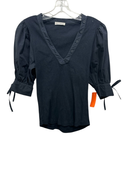 Ulla Johnson Size S Black Cotton Short Balloon Sleeve Fabric Block Ribbed Top Black / S