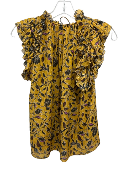 Ulla Johnson Size 2 Yellow, Black & Pink Silk Short Cap Sleeve Floral V Neck Top Yellow, Black & Pink / 2