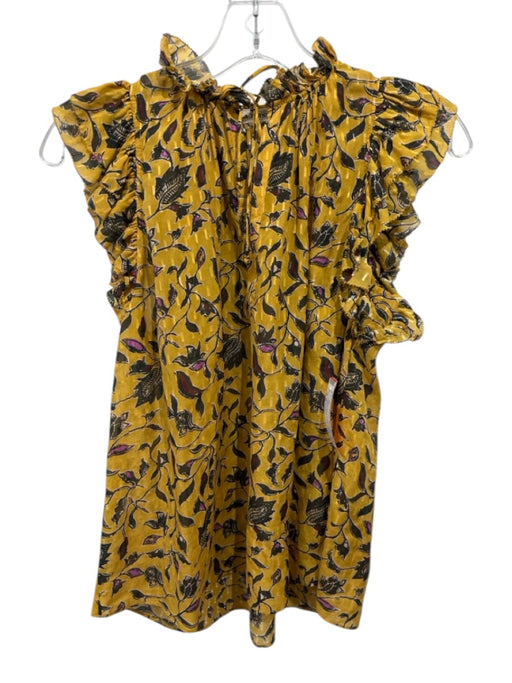 Ulla Johnson Size 2 Yellow, Black & Pink Silk Short Cap Sleeve Floral V Neck Top Yellow, Black & Pink / 2