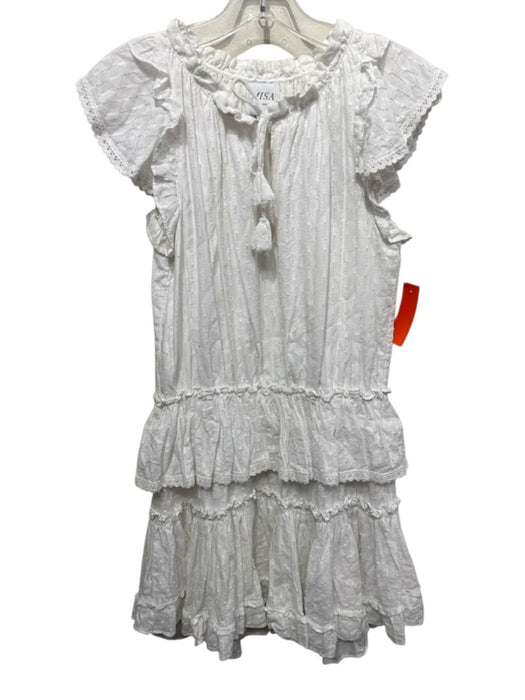 Misa Size M White Cotton Short Cap Sleeve Swiss Dot V Neck Tiered Mini Dress White / M