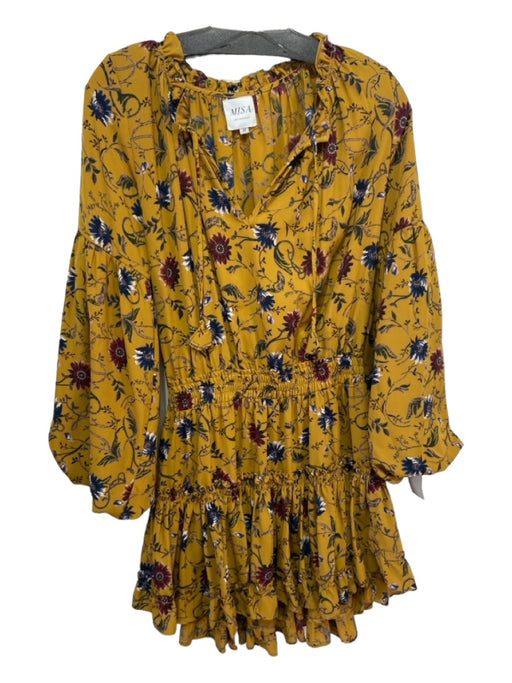 Misa Size M Yellow & Multi Viscose Long Sleeve Floral Tassel rouched Dress Yellow & Multi / M