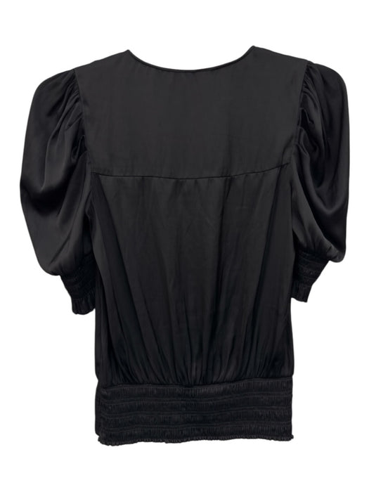 Ramy Brook Size XXS Black Polyester V Neck Shirred Waist Puff Sleeve Top Black / XXS
