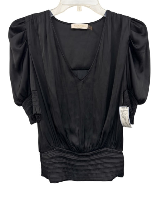 Ramy Brook Size XXS Black Polyester V Neck Shirred Waist Puff Sleeve Top Black / XXS