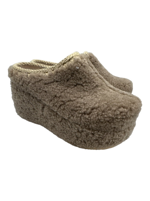 Mou Shoe Size 7 Taupe Gray & Beige Sheepskin Braided Trim Platform Mules Taupe Gray & Beige / 7