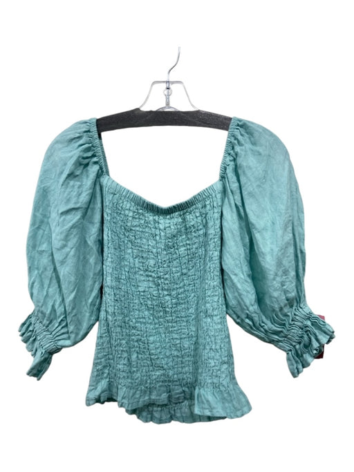 Sofia Size XS/S Aqua Blue Linen Blend Puff Sleeves smocked Top Aqua Blue / XS/S