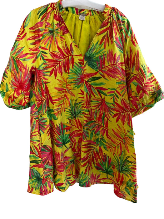 Magaschoni Size XS Lime Green & Multi Linen & Cotton Lined V Neck Dress Lime Green & Multi / XS