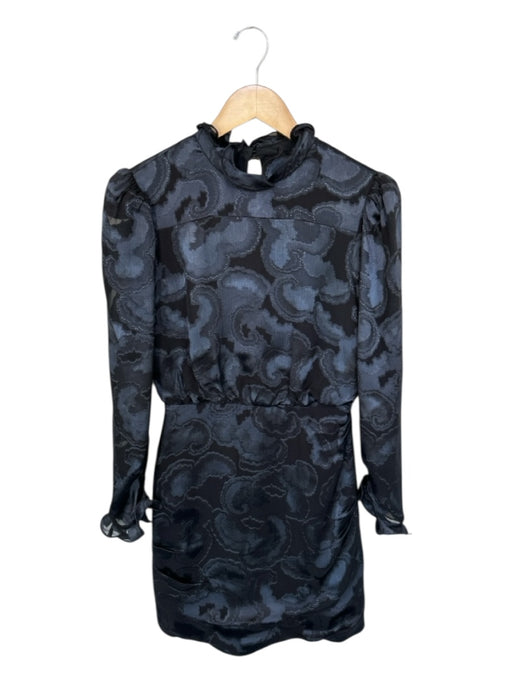 Saloni Size 2 Black Silk Blend jaquard Ruffle Collar Long Sleeve Back Zip Dress Black / 2