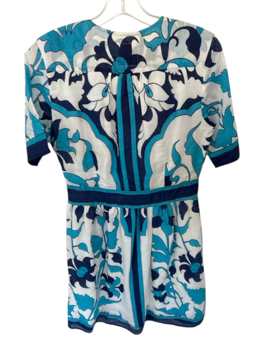 Bell Size M Blue & White Cotton Short Sleeve Flowers Side Zip Dress Blue & White / M