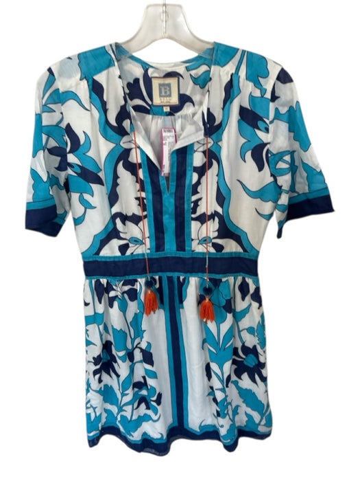 Bell Size M Blue & White Cotton Short Sleeve Flowers Side Zip Dress Blue & White / M
