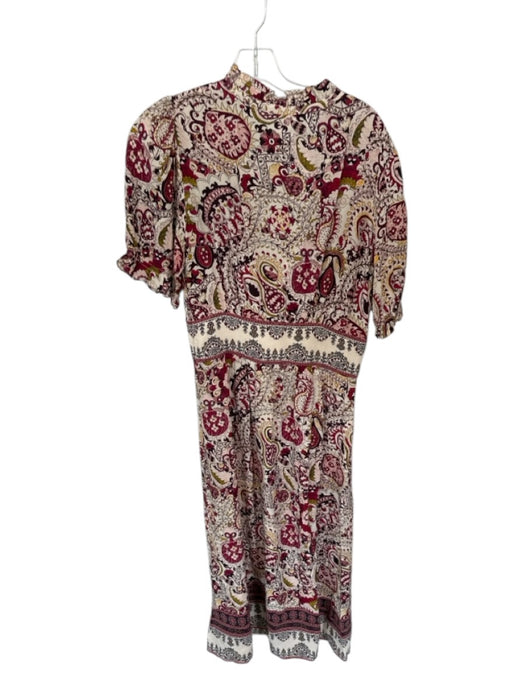 BA & SH Size 2 Maroon & Cream Viscose Short Balloon Sleeve Paisley Maxi Dress Maroon & Cream / 2