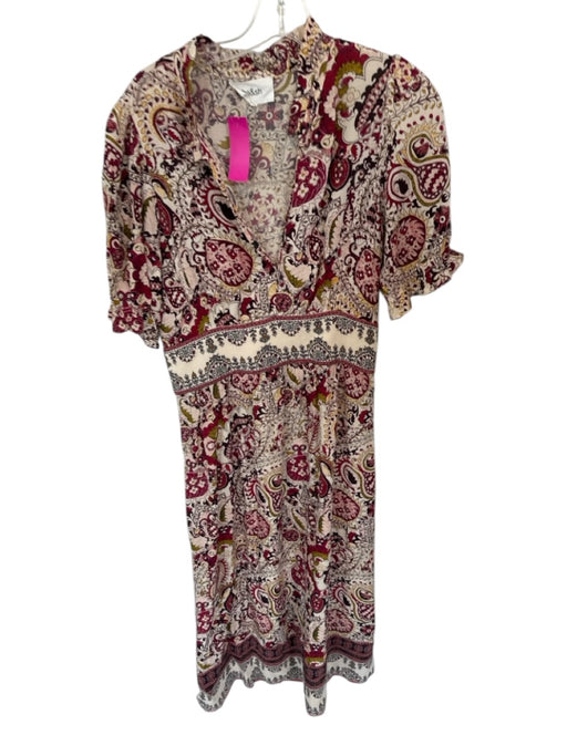 BA & SH Size 2 Maroon & Cream Viscose Short Balloon Sleeve Paisley Maxi Dress Maroon & Cream / 2