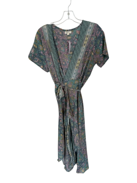 Paani Size S Green & Pink Polyester Short Sleeve Botanical Wrap metallic Dress Green & Pink / S