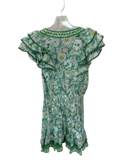 Poupette St. Barth Size S Green & Yellow Viscose Flutter Sleeves Flowers Dress Green & Yellow / S