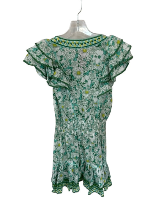 Poupette St. Barth Size S Green & Yellow Viscose Flutter Sleeves Flowers Dress Green & Yellow / S