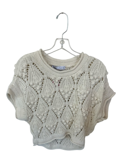 Zara Size S Ivory Cotton Short Sleeve Knit Pom Pom Top Ivory / S