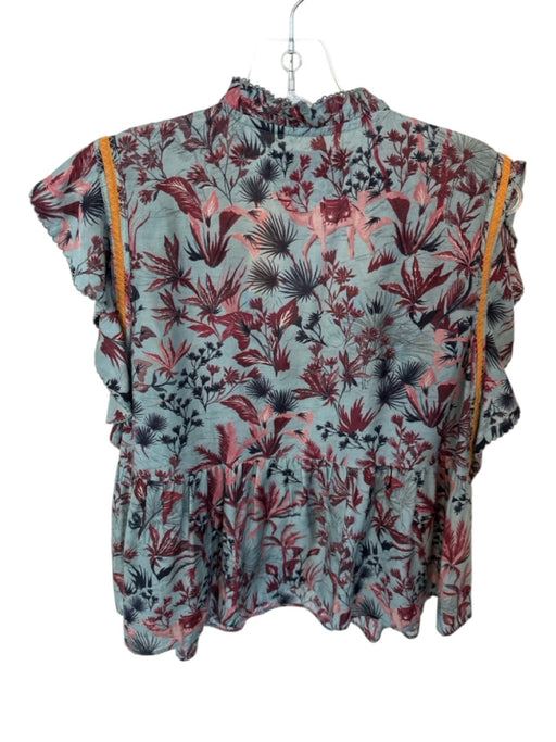 Chufy Size M Blue & Red Cupro Blend Ruffle Collar Ruffle Sleeve Detail Top Blue & Red / M