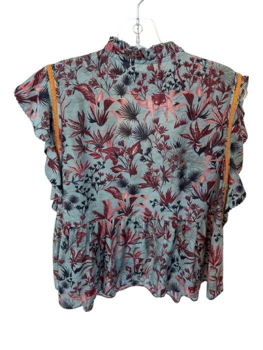 Chufy Size M Blue & Red Cupro Blend Ruffle Collar Ruffle Sleeve Detail Top Blue & Red / M