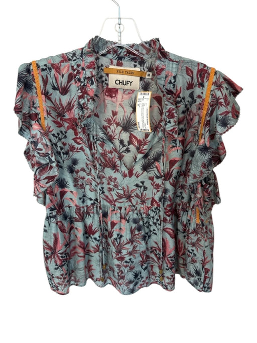 Chufy Size M Blue & Red Cupro Blend Ruffle Collar Ruffle Sleeve Detail Top Blue & Red / M