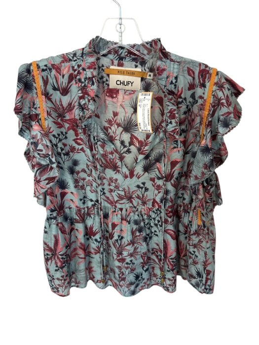 Chufy Size M Blue & Red Cupro Blend Ruffle Collar Ruffle Sleeve Detail Top Blue & Red / M