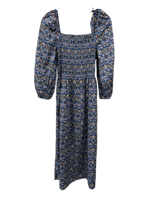 Ann Mashburn Size L Blue, Yellow, Multi Cotton Smocked Bodice Floral Midi Dress Blue, Yellow, Multi / L