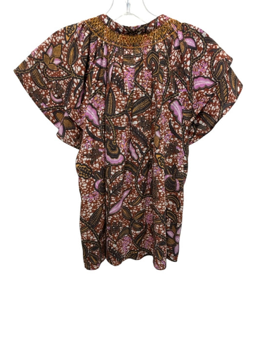 XiRENA Size Medium Brown, Orange, Purple Cotton Short Ruffle Sleeve Floral Top Brown, Orange, Purple / Medium