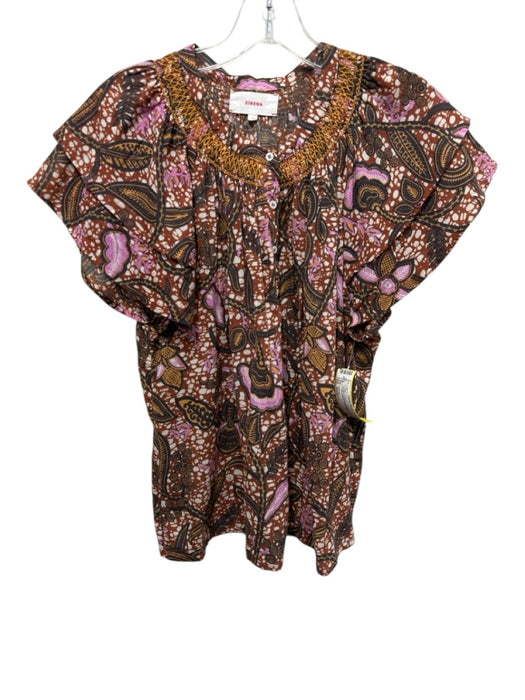 XiRENA Size Medium Brown, Orange, Purple Cotton Short Ruffle Sleeve Floral Top Brown, Orange, Purple / Medium