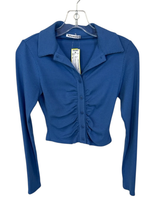 Reformation Size XS Blue Tencel Long Sleeve Gathered Front Ribbed Cropped Top Blue / XS