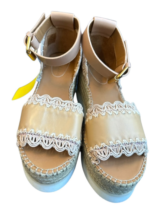 See By Chloe Shoe Size 37 Tan & White Leather Platform Espadrille Sandals Tan & White / 37