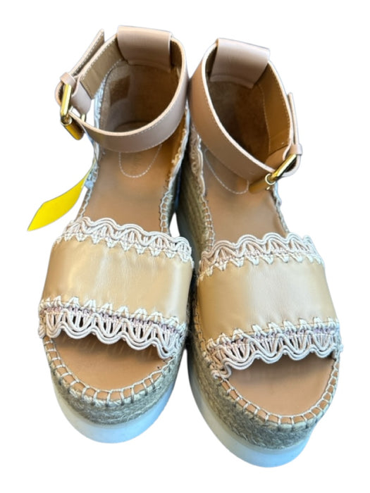 See By Chloe Shoe Size 37 Tan & White Leather Platform Espadrille Sandals Tan & White / 37