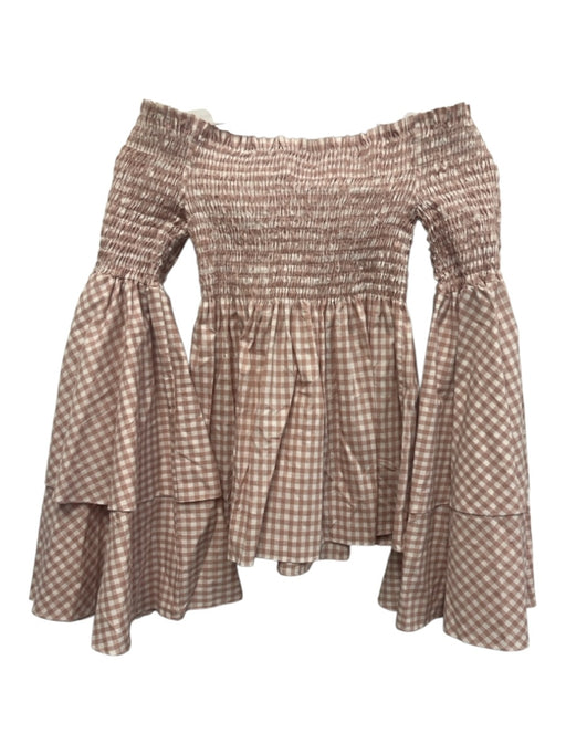 Caroline Constas Size M Brown & White Cotton Gingham Long Sleeve Smocked Top Brown & White / M