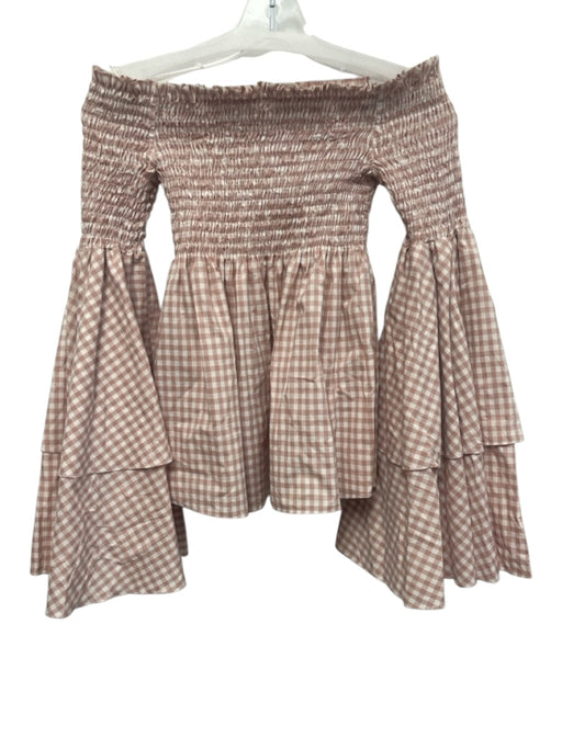 Caroline Constas Size M Brown & White Cotton Gingham Long Sleeve Smocked Top Brown & White / M