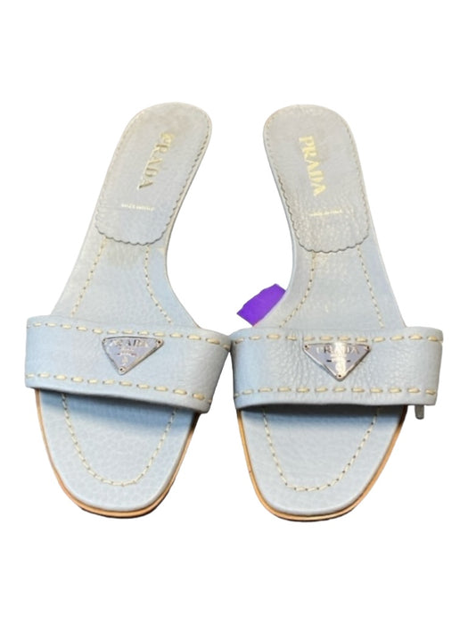 Prada Shoe Size 37.5 Light Blue Leather open toe Logo Detail Kitten Heel Heels Light Blue / 37.5