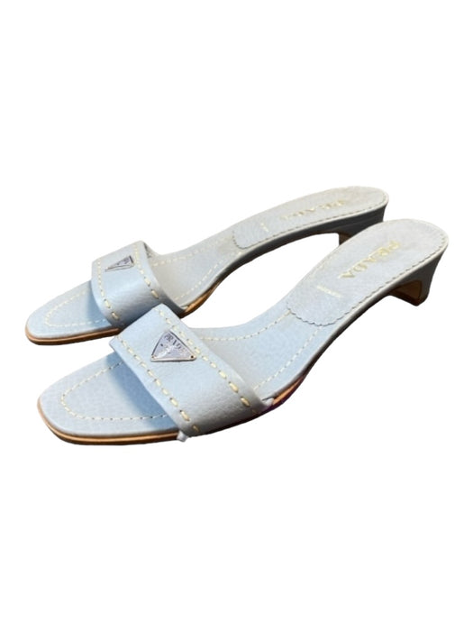 Prada Shoe Size 37.5 Light Blue Leather open toe Logo Detail Kitten Heel Heels Light Blue / 37.5