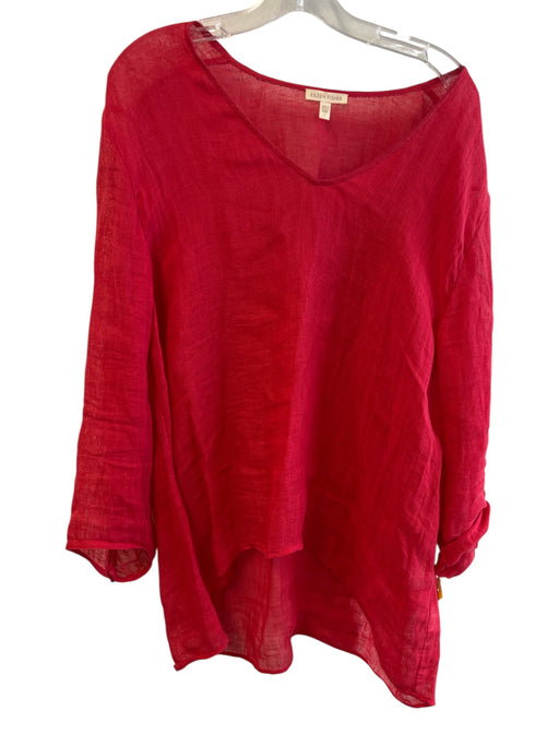 Eileen Fisher Size L Red Linen Long Sleeve V Neck Solid Color Sheer Top Red / L