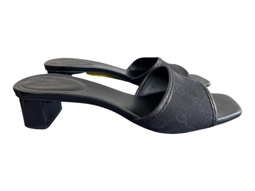 Gucci Shoe Size 7.5 Black Leather & Canvas open toe Square Toe Shoes Black / 7.5