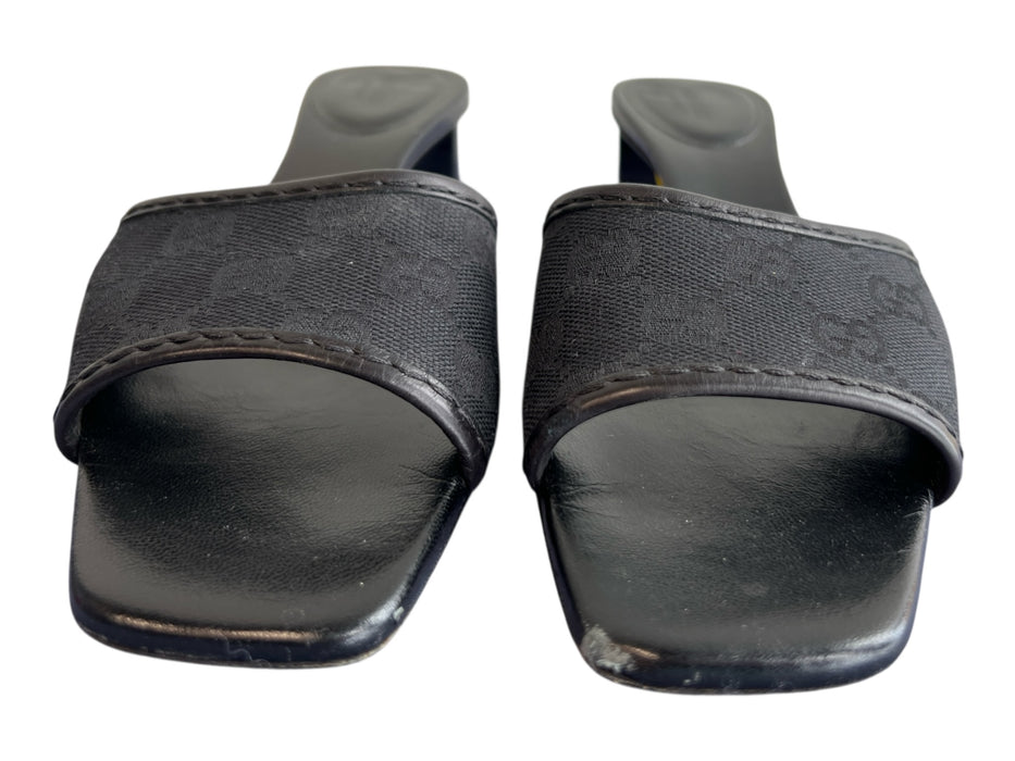 Gucci Shoe Size 7.5 Black Leather & Canvas open toe Square Toe Shoes Black / 7.5
