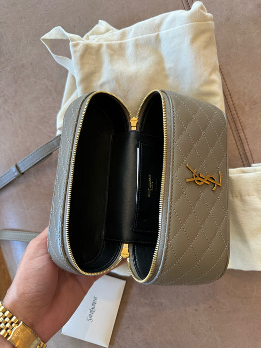 Saint Laurent Taupe & Gold Leather Zip Close Quilted Logo Crossbody Strap Bag