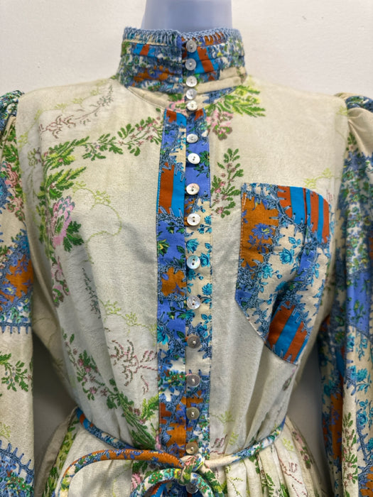Alemais Size 6 Beige, Blue, Green Cotton Blend Floral Button Down Dress
