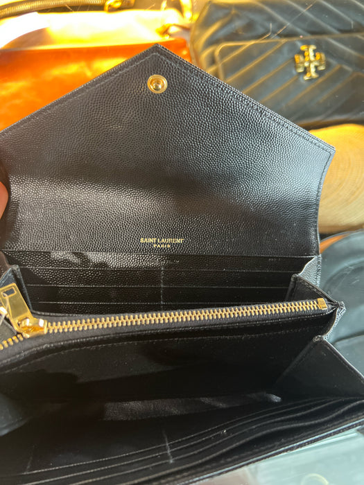 Saint Laurent Black Grained Leather goldtone hardware Logo Snap Flap Wallets
