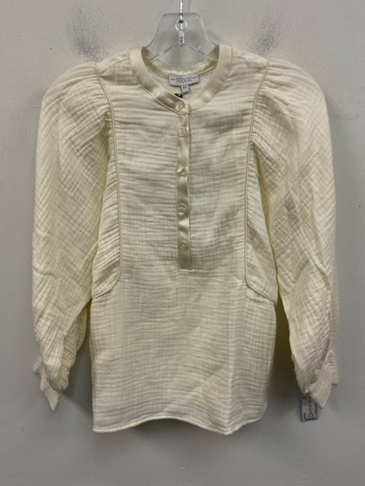 S'edge Size M Creme Cotton Long Balloon Sleeve Button Detail Satin Trim Top