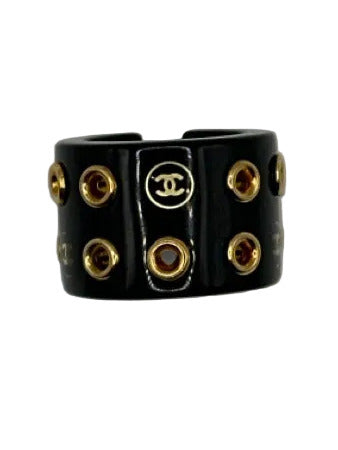 Chanel Black & Gold Resin Studded Wide Ring