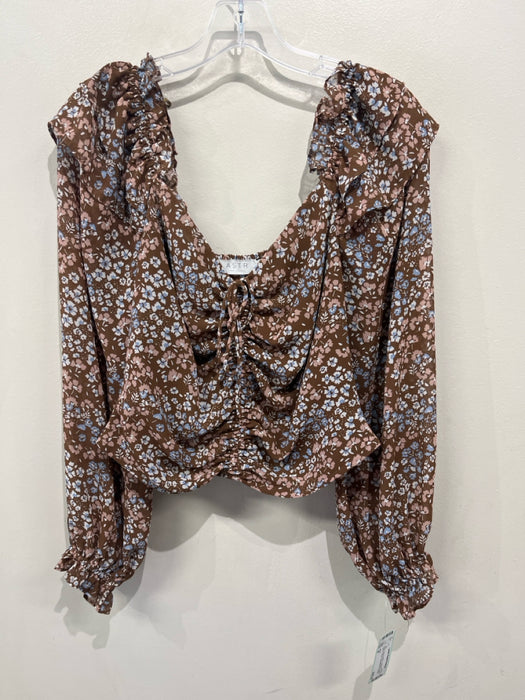 ASTR Size M Brown, Blue & White Polyester Long Balloon Sleeve Floral Top